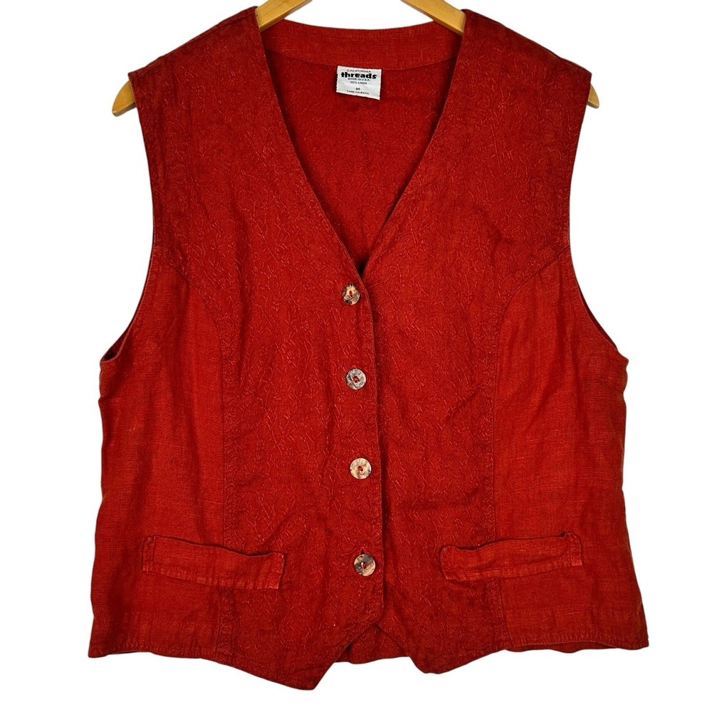 California Threads Vest Women M Red 100% Linen Textured Button Front Boho USA